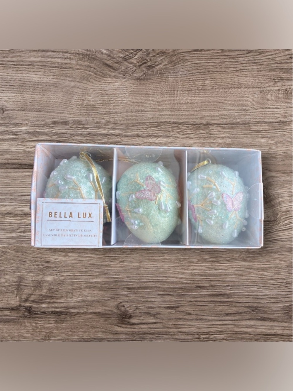 NEW Bella Lux Mint Green Butterfly Pearl Set of 3 Decorative Eggs Spring Easter